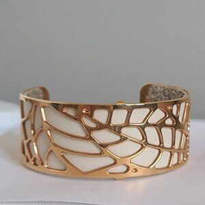Vintage Les Georgettes Rose Gold Cream Leather Sparkle Wide Open Cuff Bracelet